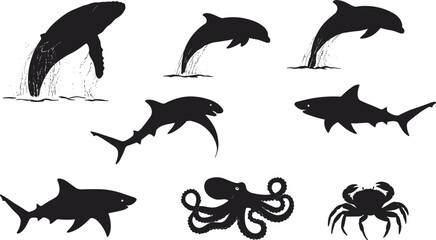 Marine animal vector silhouettes featuring whale, dolphin, shark, octopus, and crab in action poses — perfect for ocean design, education, logos, conservation, and nautical themes.