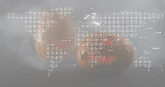 On dotted map fading in, pumpkins still while glow pulsing across regions showing global link