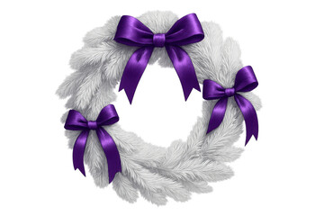 White christmas wreath decorating purple ribbon bows