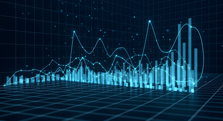 Dynamic digital graph shows upward trend with glowing blue lines on grid background