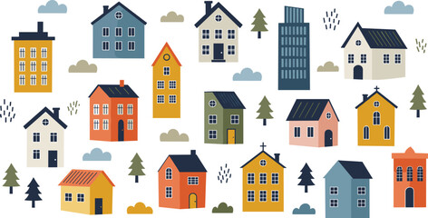 Colorful house vector collection, modern building illustrations, residential architecture drawings, playful home designs, urban property clipart set