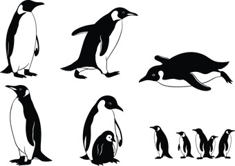 Obraz premium Penguin vector silhouettes and line art in walking, swimming, parenting, and group march poses — ideal for wildlife design, education, logos, Antarctic themes, and children’s content.