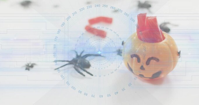 Faint scanning pulse appearing center overlay rotating grid scan line lighting spider pumpkin candy