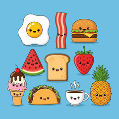 Kawaii Food Icons Smiling Egg Bacon Burger and Sweet Treats Collection.