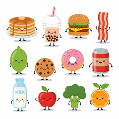 Playful Cartoon Food and Drink Characters with Smiling Faces and Tiny Limbs.