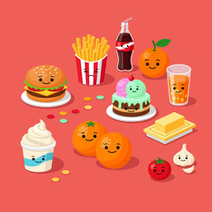 Cartoon Food Assortment with Smiling Faces and Expressive Features.