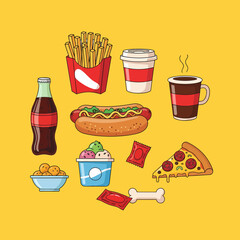 Cartoon Fast Food Feast Pizza Slice Hotdog Fries Soda Coffee and Ice Cream.