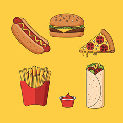 Cartoon Fast Food Collection Hotdog Burger Pizza Fries Ketchup and Wrap.