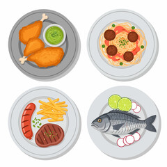 Four plates showcasing diverse culinary delights fried chicken spaghetti steak and fish.