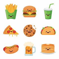 Cartoon Fast Food Icons Burger Fries Soda Pizza Cookie Taco Hotdog Beer and Pancakes.