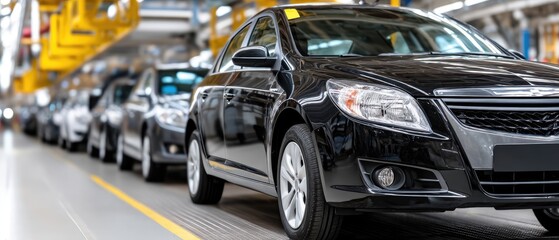 Obraz premium Multiple cars await assembly on a production line inside a large factory with bright lighting and advanced machinery