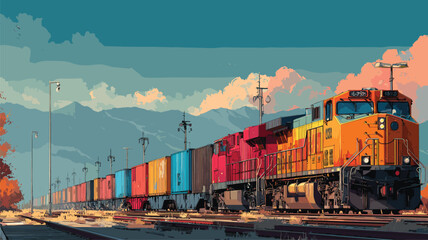 Long freight train with colorful containers passing through scenic mountain railway for transport advertising.
