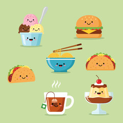 Cartoon Food Icons Smiling Ice Cream Burger Noodles Tacos Tea and Flan.