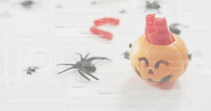 Camera panning starting jack-o'-lantern moving closer as overlays updating, spider confetti still