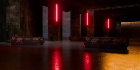 Neon Laser Lights Underground Massive Concrete Cement Blocks Roadblocks Hallway Room Tunnel Corridor Bunker Hangar Realistic Stage Empty Warehouse 3D Rendering © IM_VISUALS