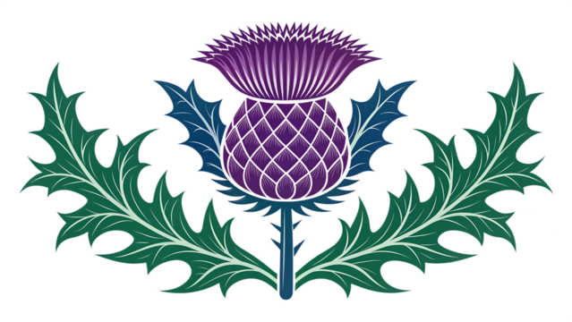 St. Andrew’s Day thistle emblem with rich purple and green colors, cut out on PNG. AI GENERATED.
