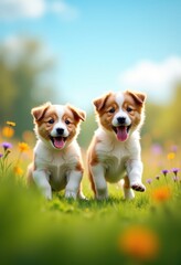 Playful Puppies Frolicking on Vibrant Green Grass Colorful Outdoor Scene Joyful Companions Soft Fur Happiness Natural Pet Playtime