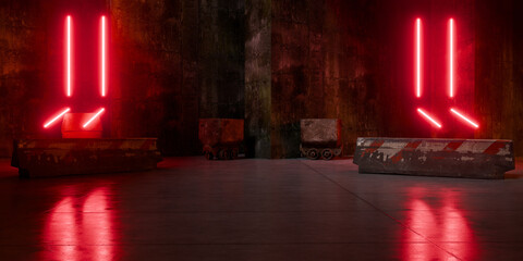 Neon Laser Lights Underground Massive Concrete Cement Blocks Roadblocks Hallway Room Tunnel Corridor Bunker Hangar Realistic Stage Empty Warehouse 3D Rendering © IM_VISUALS