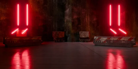 Neon Laser Lights Underground Massive Concrete Cement Blocks Roadblocks Hallway Room Tunnel Corridor Bunker Hangar Realistic Stage Empty Warehouse 3D Rendering © IM_VISUALS