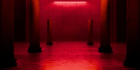 Underground Massive Concrete Cement Blocks Pillars Hallway Room Tunnel Corridor Bunker Hangar Realistic Stage Lights Empty Warehouse 3D Rendering © IM_VISUALS