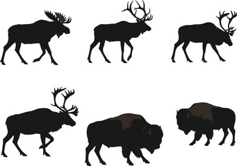 Silhouettes of wild hoofed mammals, deer, elk, bison walking in profile, wildlife vector illustration for nature, hunting, and animal design themes