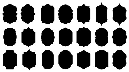 A collection of various ornate black label shapes on a white background, ideal for graphic design projects.