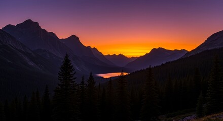 Obraz premium Majestic Mountain Sunset Landscape - Breathtaking sunset over a serene mountain lake, silhouetted against a vibrant sky. Perfect for nature, travel, and landscape projects