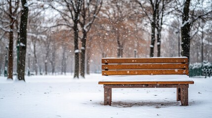 Snowy park bench with frosted autumn trees