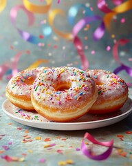 Festive carnival donuts with colorful sprinkles dessert