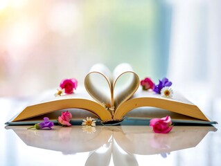 Romantic sunlight book heart with pink petals
