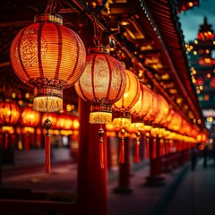 Long street with glowing Chinese lanterns celebration