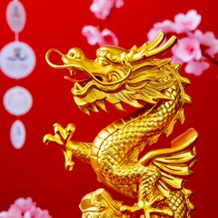 Golden dragon artwork with red background Chinese festival