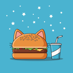 Cartoon CatEared Burger with Soda Cup Whimsical Fast Food Illustration.
