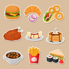 Cartoon Food Stickers Burger Croissant Taco Chicken Banana Pancakes Stew Fries Sushi.