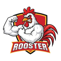Muscular rooster mascot flexing biceps symbolizing strength and power