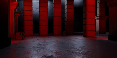 Medieval Crypt Underground Massive Concrete Cement Blocks Pillars Hallway Room Tunnel Corridor Bunker Hangar Realistic Stage Lights Empty Warehouse 3D Rendering © IM_VISUALS