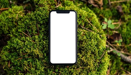 Blank Phone Screen on Mossy Forest Background Mockup.