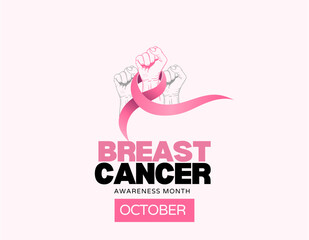 Breast Cancer Awareness Month banner with pink ribbon, raised fists, and text on a light pink background.