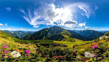 A stunning 360 degree panorama capturing vibrant pink flowers in the foreground, lush green hills, and majestic mountains under a bright sunny sky