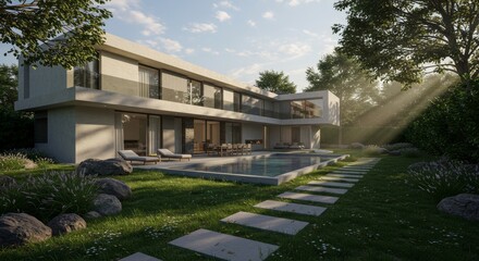 Modern Luxury Home with Pool and Garden - Stunning modern home featuring a sleek design, private pool, and lush landscaping. Perfect for luxury real estate listings