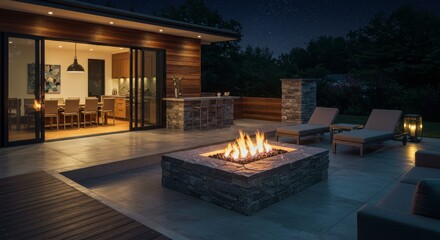 Fototapeta premium Modern Outdoor Fire Pit and Patio Design - Luxurious outdoor living space featuring a stone fire pit, sleek patio furniture, and indoor-outdoor flow.