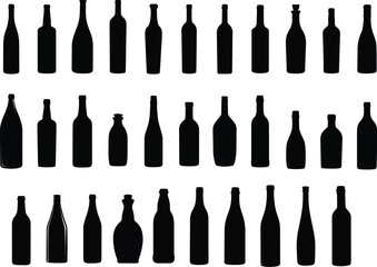Set of Various Bottle Silhouettes Vector Illustration Glass Wine Beer Soda Drink Container Icon Design
