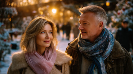 Obraz premium Close-up of a happy middle-aged couple, elderly couple outdoors in autumn, European appearance