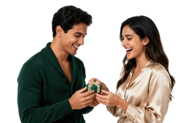 Happy Couple Exchanging Gifts on White Background
