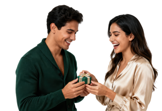 Happy Couple Exchanging Gifts on White Background - Powered by Adobe