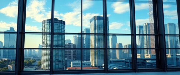 Modern building facade with large panoramic windows reflecting city skyline, window frame, commercial