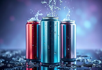 Sleek aluminum energy drink can, chilled condensation,  healthy,  quenching
