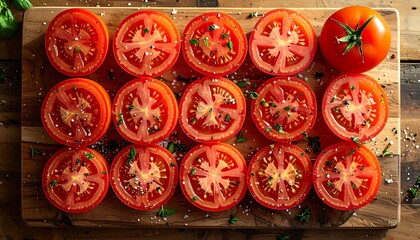 Minimalist Top-Down View of Sliced Tomatoes on Wooden Board – Clean Grid Arrangement with Herbs