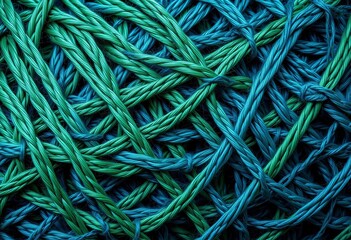 Intricate woven threads, rich texture, complex pattern in deep blues and greens,  pattern,  close up shot