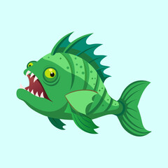 Cartoon Green Piranha with Sharp Teeth and Aggressive Expression in Water